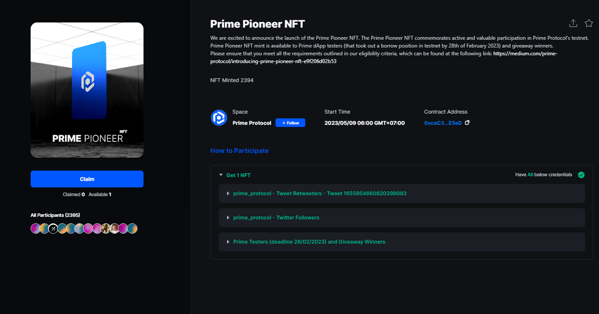 Забираем Prime Pioneer NFT на Galxe ( Обновление2!!!) — Teletype
