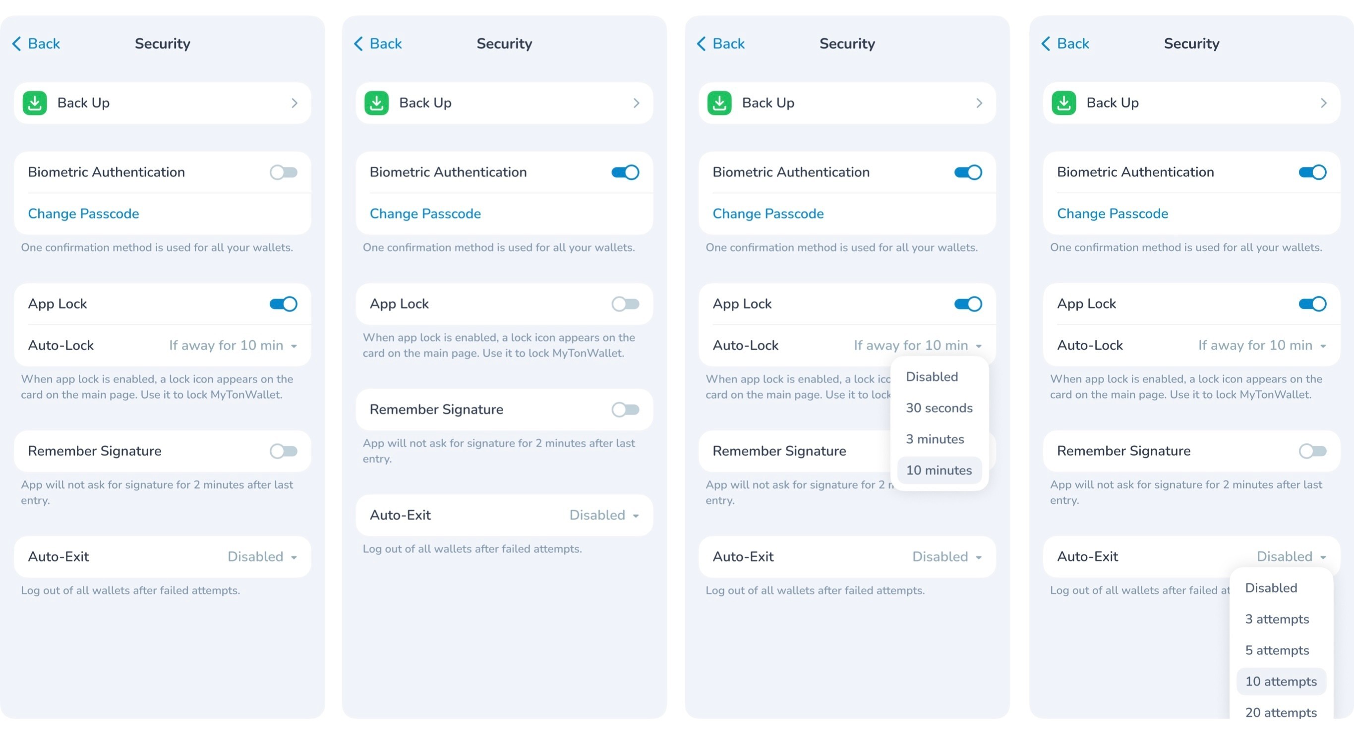 Security section of MyTonWallet settings: overview of features. — Teletype